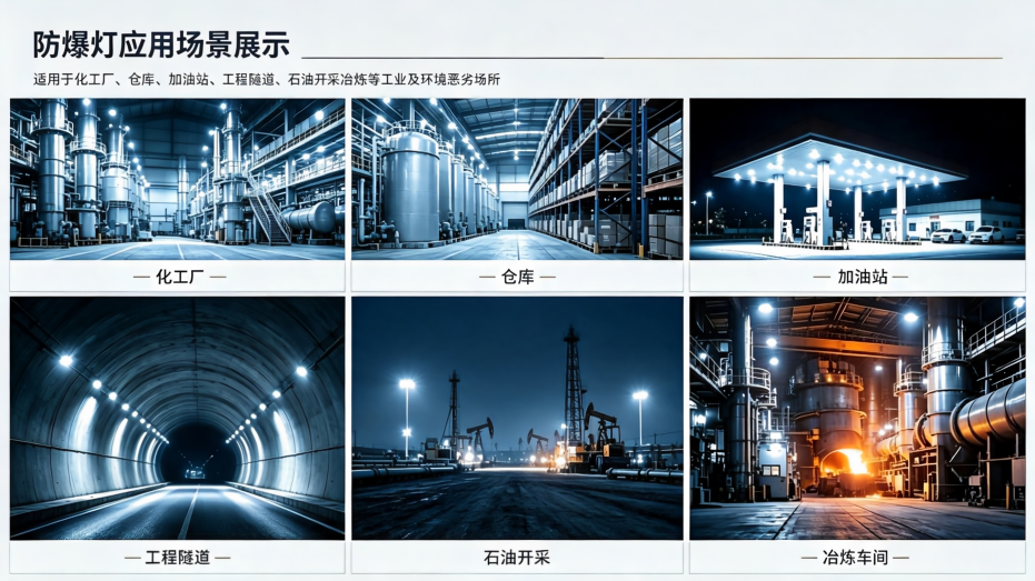 防爆灯适用化工厂、加油站、隧道、车间照明场景展示